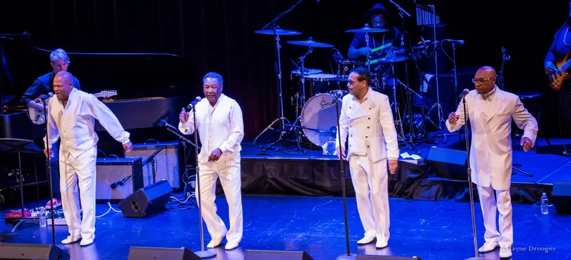 Four vocalists in white suits perform at microphone stands with a drummer, bassist and guitarist on stage behind